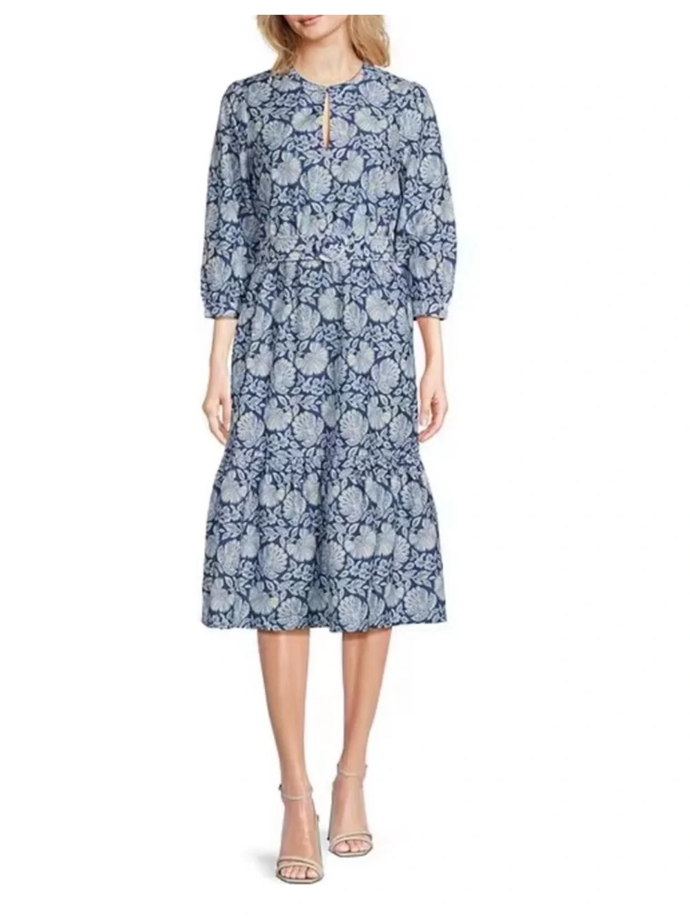 NWT J.McLaughlin Silk Cotton Floral Round Split V-Neck 3/4 Bishop Sleeve Dress - Picture 6 of 12